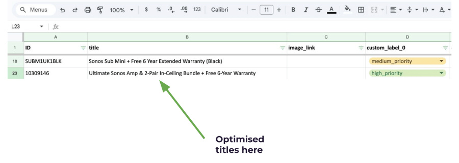 Google Sheets view of a Google Merchant Center supplemental product feed, highlighting optimised product titles and custom labels