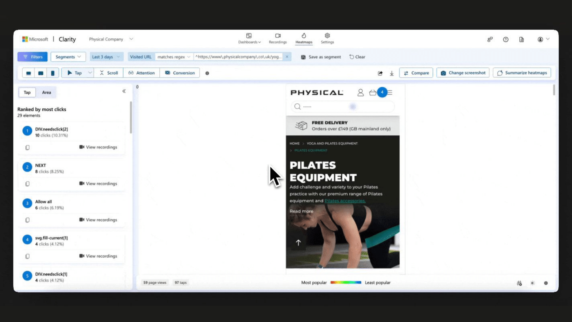 Screenshot of Microsoft Clarity showing a mobile heatmap and tap data for an e-commerce product page, highlighting user interaction patterns and engagement areas.