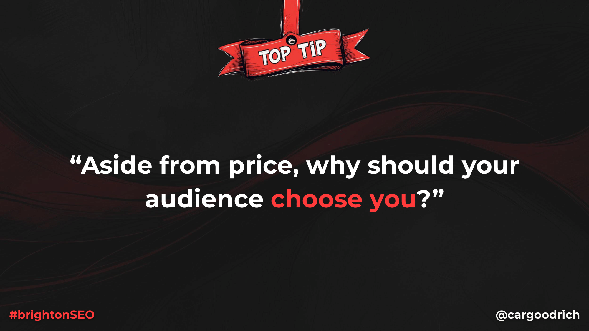 Presentation slide prompting brands to consider their value proposition beyond price when competing during Black Friday and peak trading periods.