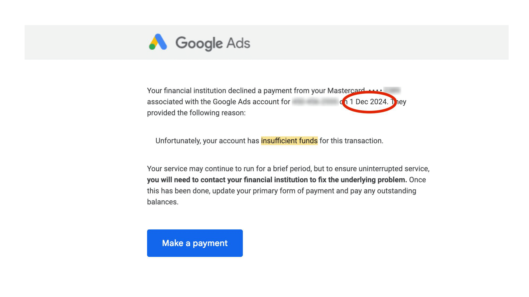 Screenshot of a Google Ads email notification showing a declined payment due to insufficient funds, with the transaction date highlighted.