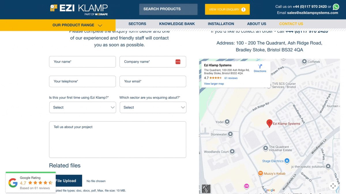Enquiry form with a required company name field and two dropdowns asking whether it's the user's first time enquiring and which sector they're enquiring about