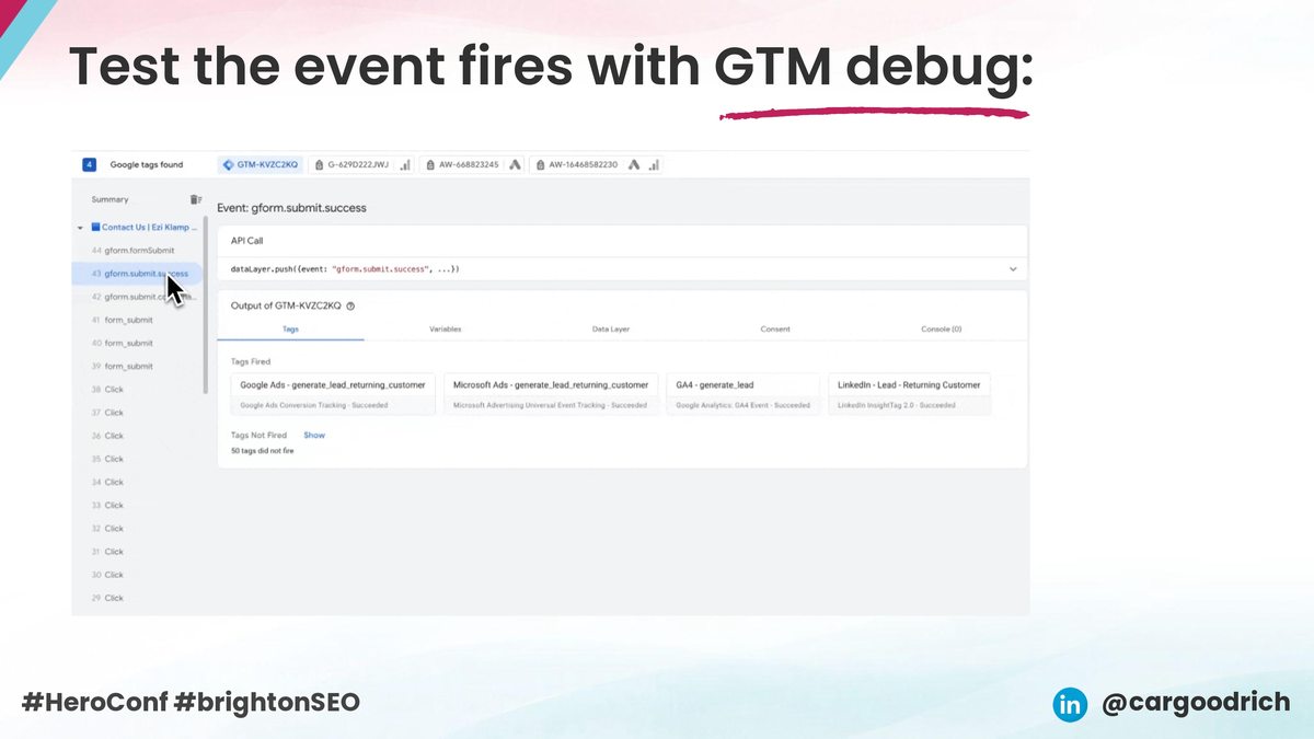 Google Tag Manager preview mode showing the gform.submit.success event firing Google Ads, Microsoft Ads, GA4 and LinkedIn conversion tags for a returning customer