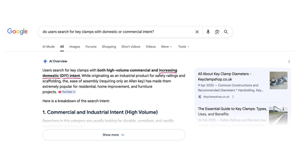 Google AI Overview answering whether people search 'key clamps' with domestic or commercial intent, explaining the term carries both high-volume commercial and increasing DIY intent