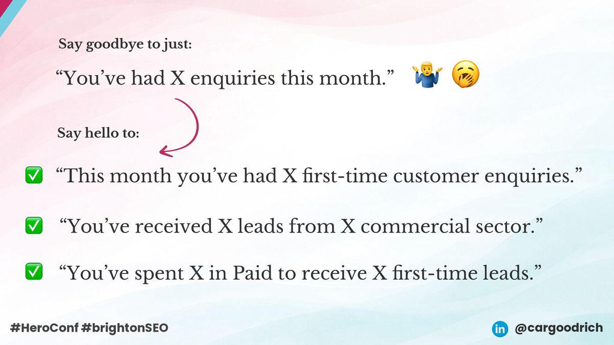 Hero Conf 2026 slide by Christian Goodrich showing the shift from raw enquiry counts to first-time customer enquiries, sector-qualified leads and paid spend per first-time lead
