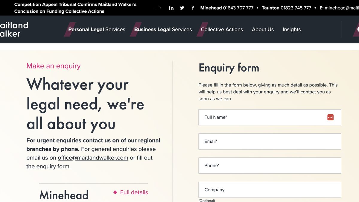 Maitland Walker solicitors contact page showing regional phone numbers in the header bar and separate text for urgent versus general enquiries alongside an enquiry form