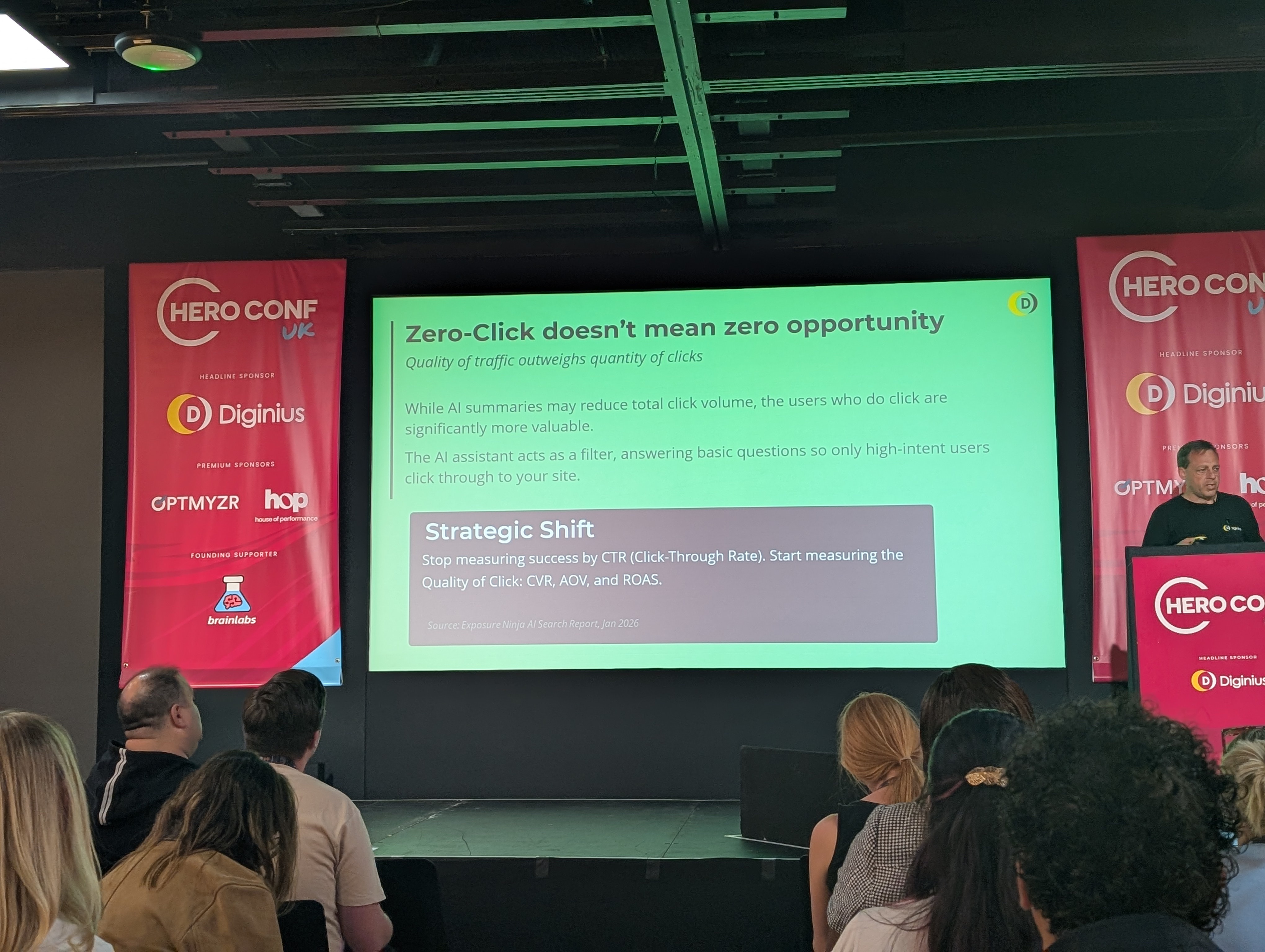 Nate Burke's slide at HeroConf April 2026 reframing zero-click search as a paid media opportunity rather than a threat
