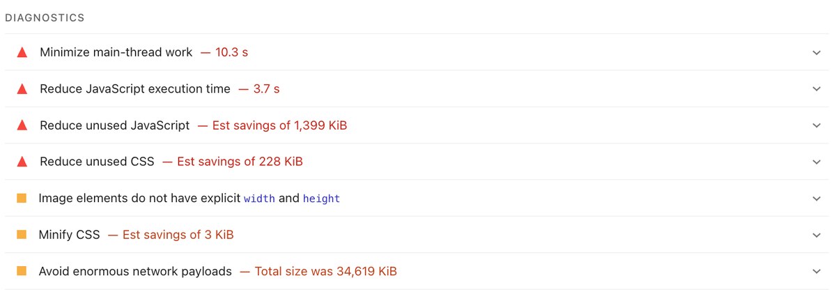 PageSpeed Insights diagnostics for a heavy example page flagging a 34,619 KiB total network payload, 1,399 KiB of unused JavaScript, unused CSS and images without explicit width and height.