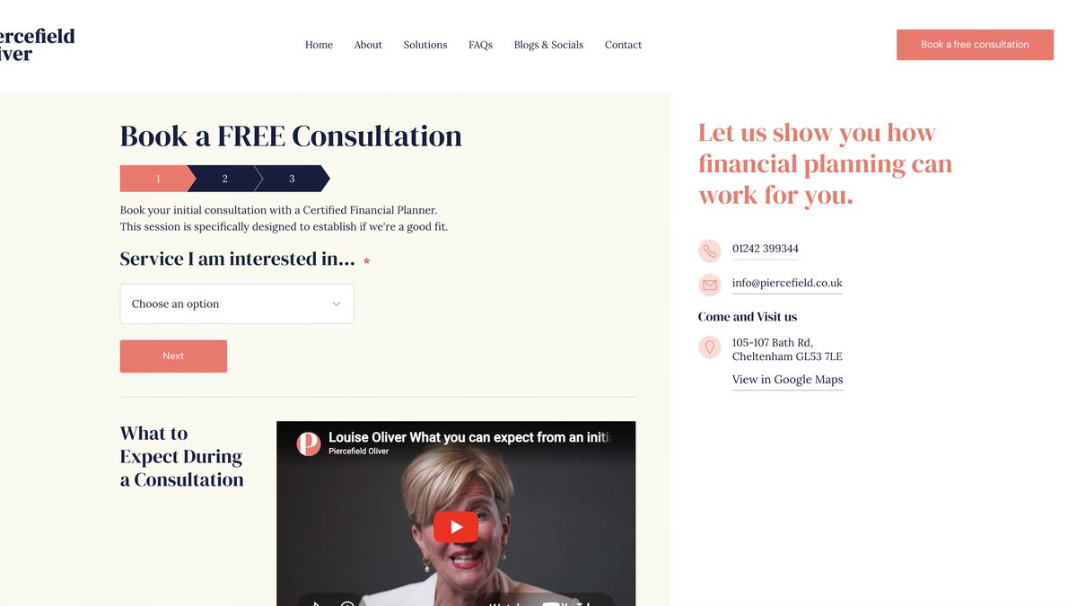 Piercefield Oliver contact page showing Book a FREE Consultation heading, three-step progress indicator, service selector, and contact details alongside a video explaining what to expect
