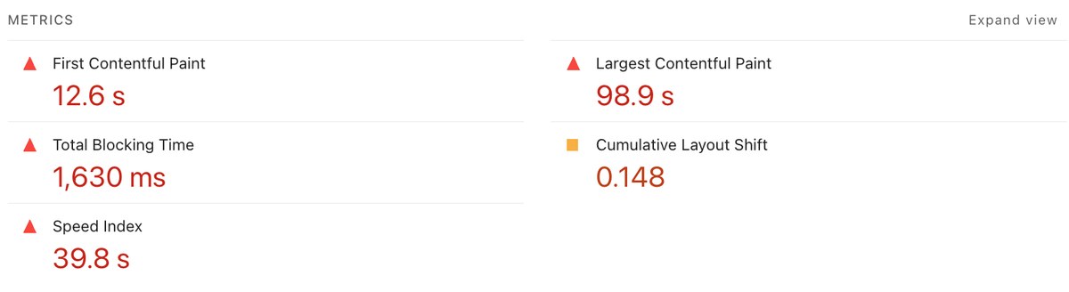 PageSpeed Insights metrics for a poorly performing example page: First Contentful Paint 12.6 seconds, Largest Contentful Paint 98.9 seconds, Total Blocking Time 1,630 milliseconds and Speed Index 39.8 seconds.