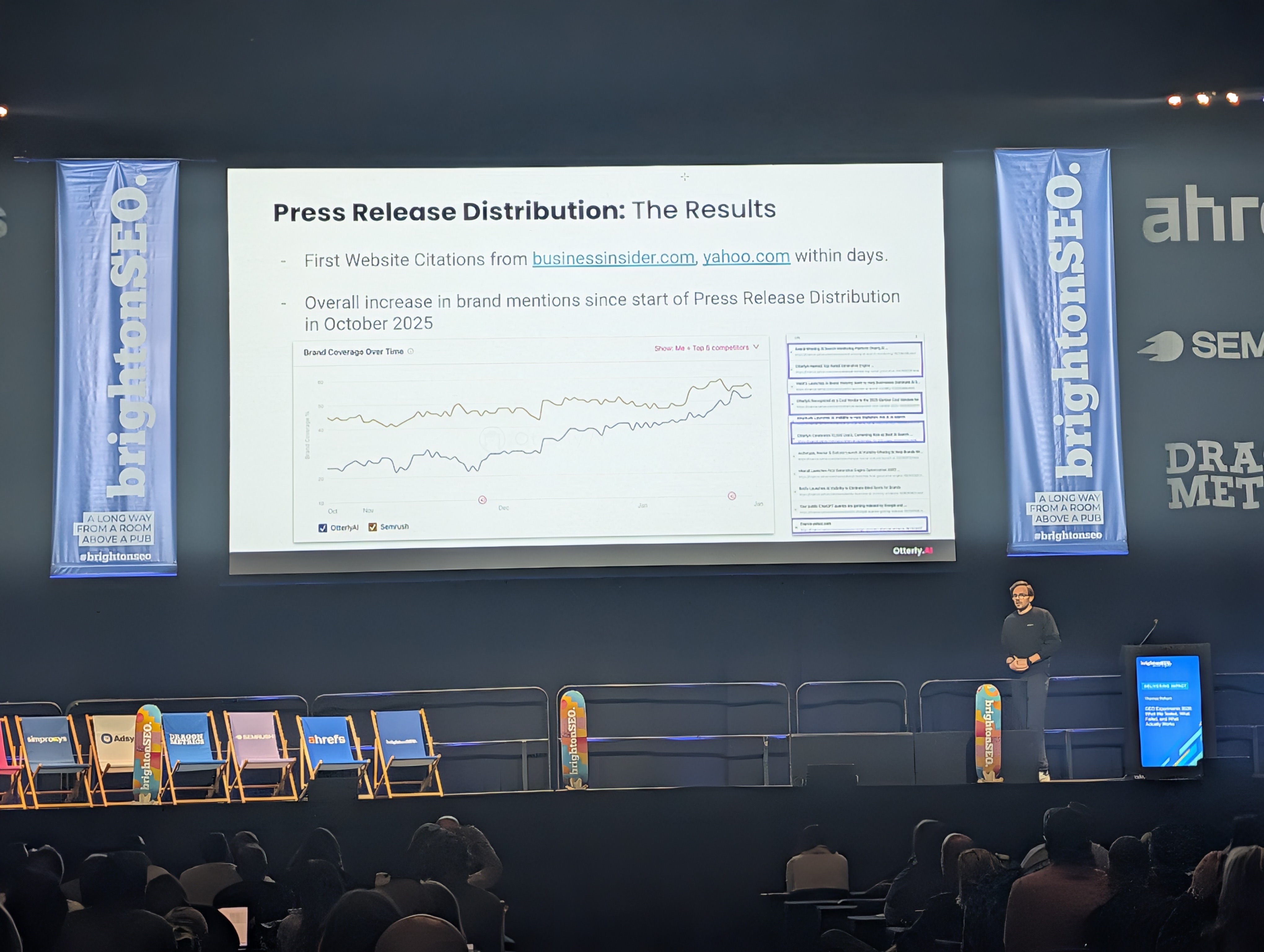 Thomas Peham's slide at brightonSEO April 2026 showing results from press release distribution experiments and their impact on AI citation visibility