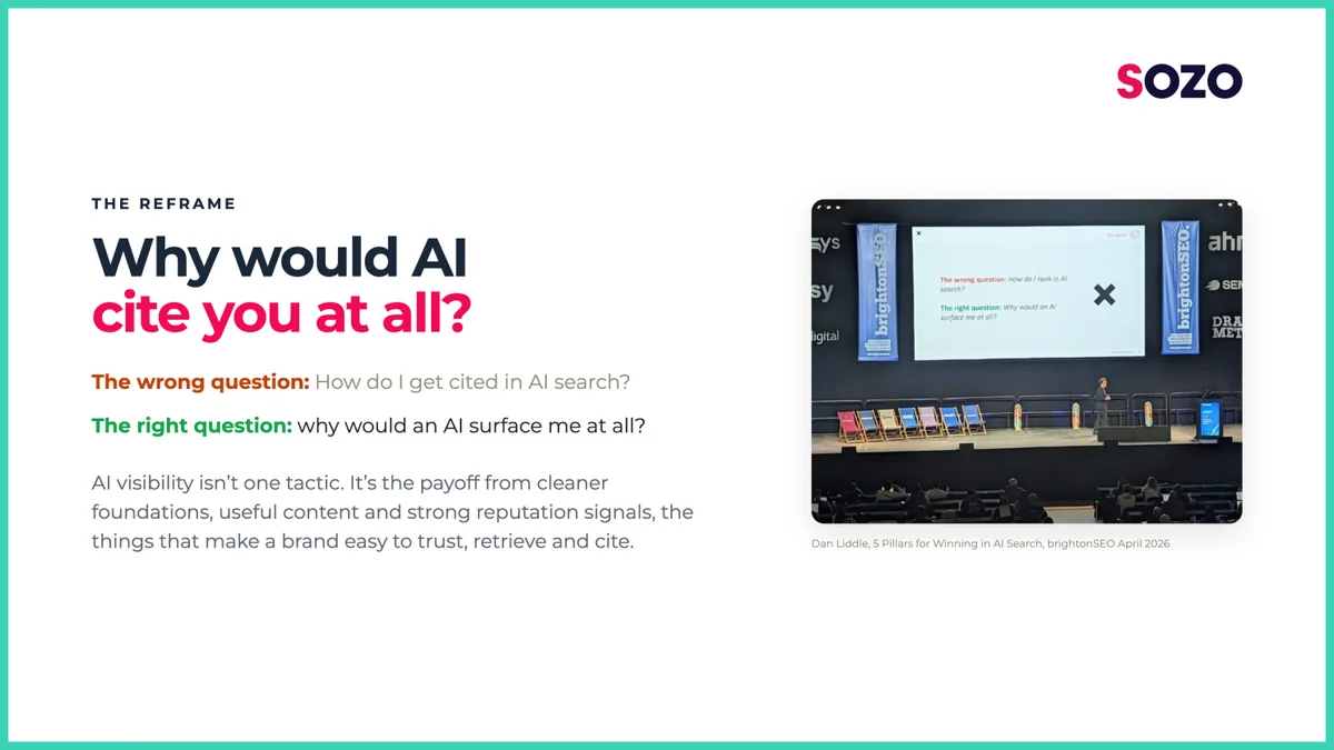 Christian Goodrich speaking during a Writesonic webinar, using the question 'Why would AI cite you at all?' to explain that AI visibility comes from strong foundations, useful content and credible reputation signals.